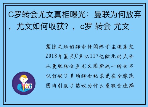 C罗转会尤文真相曝光：曼联为何放弃，尤文如何收获？，c罗 转会 尤文