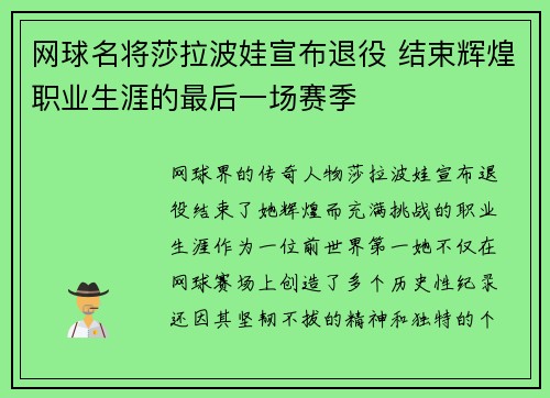 网球名将莎拉波娃宣布退役 结束辉煌职业生涯的最后一场赛季