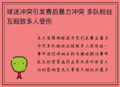 球迷冲突引发赛后暴力冲突 多队粉丝互殴致多人受伤 球迷冲突引发赛后暴力冲突 多队粉丝互殴致多人受伤