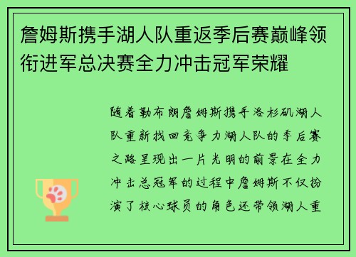詹姆斯携手湖人队重返季后赛巅峰领衔进军总决赛全力冲击冠军荣耀