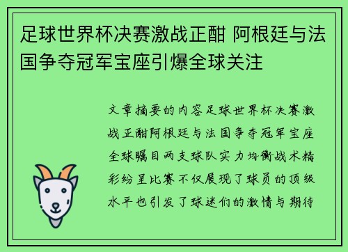 足球世界杯决赛激战正酣 阿根廷与法国争夺冠军宝座引爆全球关注