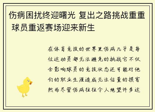伤病困扰终迎曙光 复出之路挑战重重 球员重返赛场迎来新生